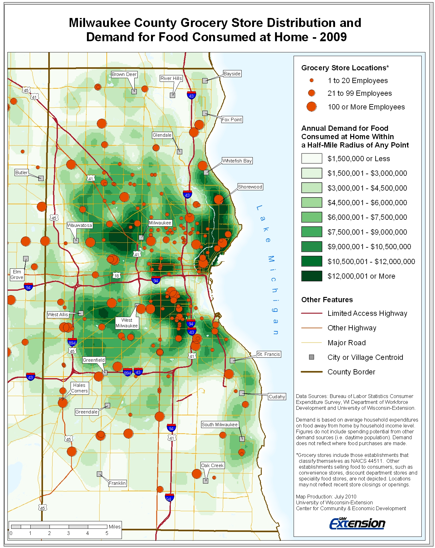 Example map Milwaukee County Grocery Store Distribution and Demand for Food Consumed at Home - 2009
