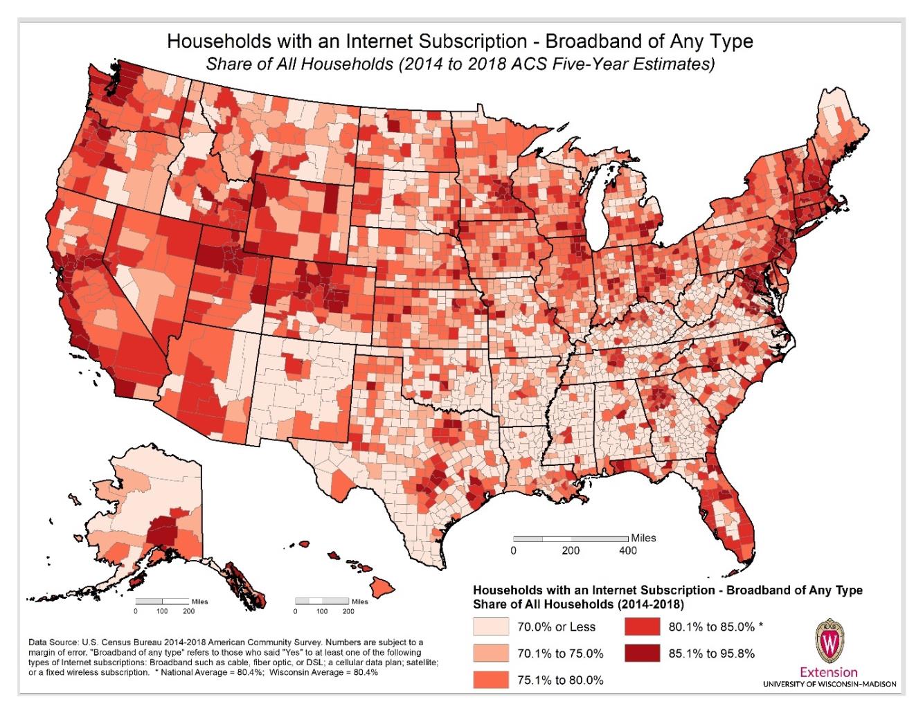 Households with an Internet Subscription - Broadband of Any Type. Share of All Households (2014 to 2018 ACS Five-Year Estimates)