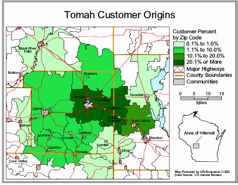 Example of Customer Origins by Zip Code (Tomah, Wisconsin)