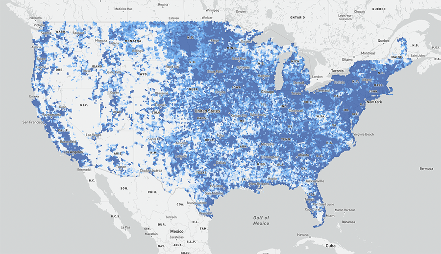 map of United States showing broadband coverage areas in shades of blue