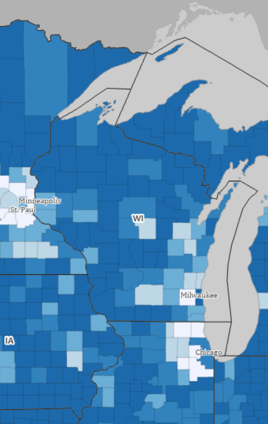 Map of Wisconsin from the Digital Equity Act Population Viewer showing Wisconsin Counties in varied levels of blue depending on their access to computers or broadband