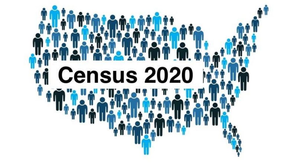 Map of United States made up of people graphics in various shades of blue with 'Census 2020' label over the center of the US