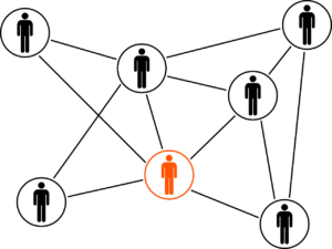 network of people in black and white and orange