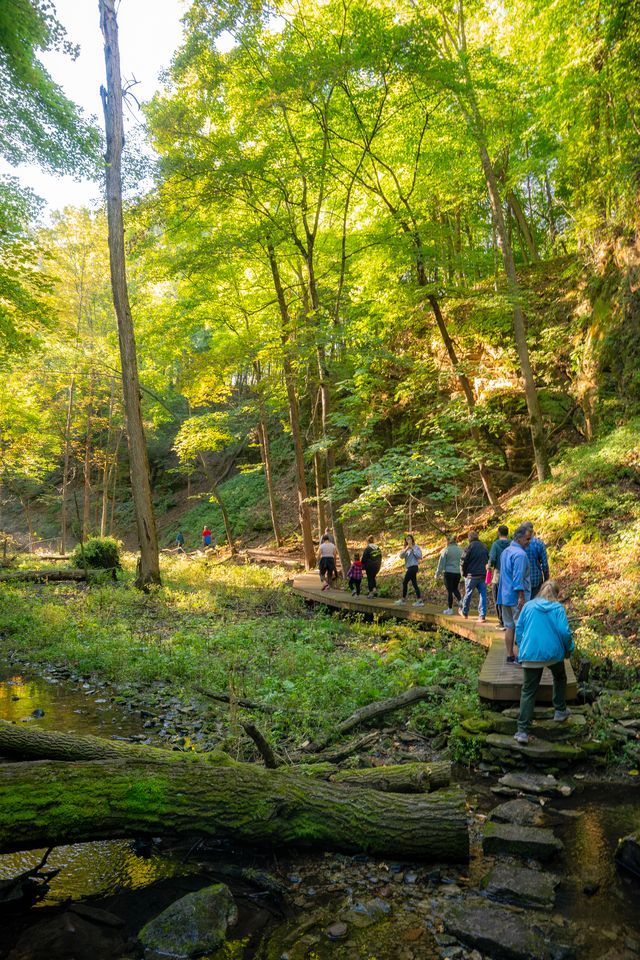 Hikers follow a trail at Mitchel Glen