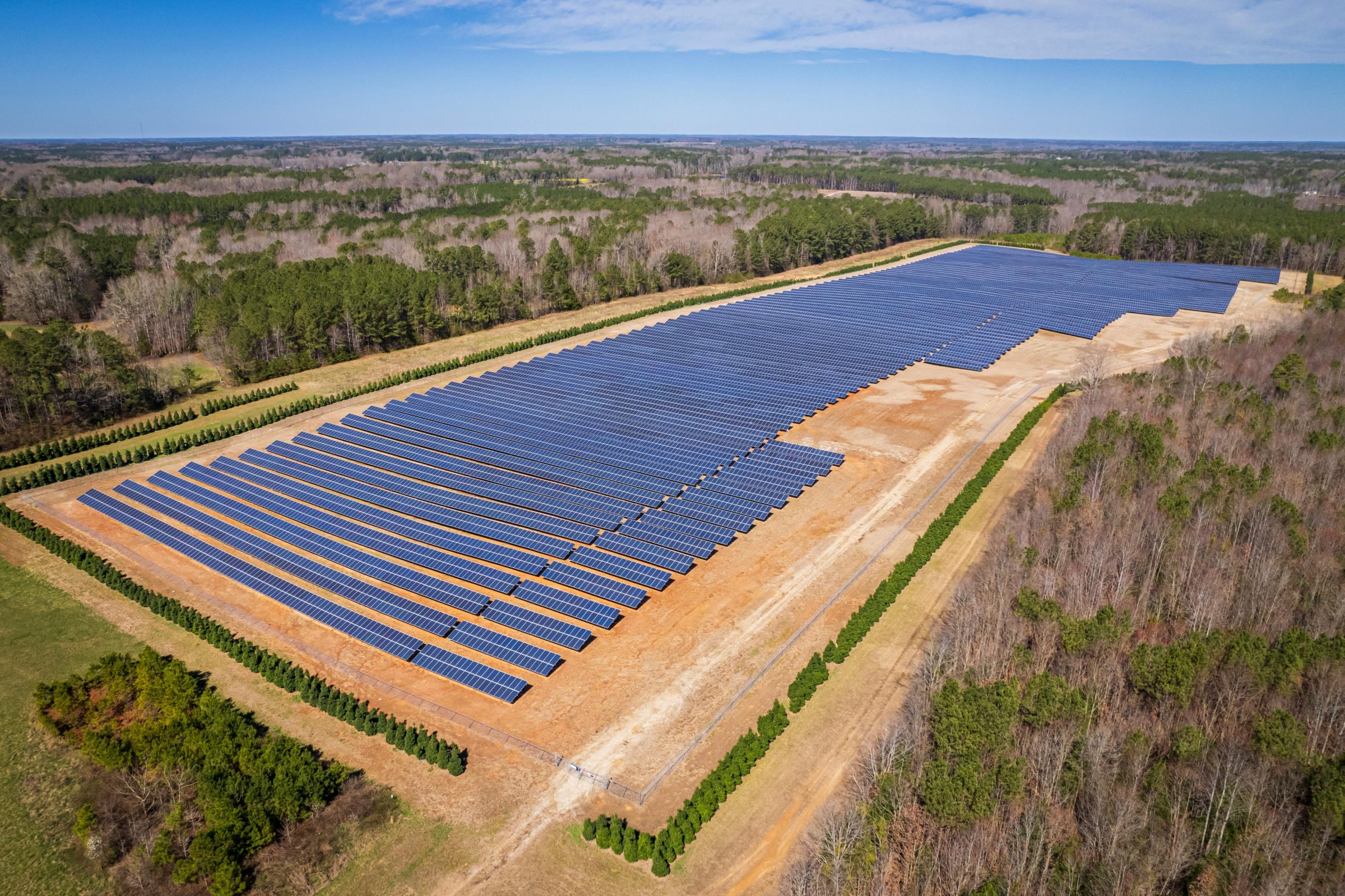 Aerial view of solar panels in a field
