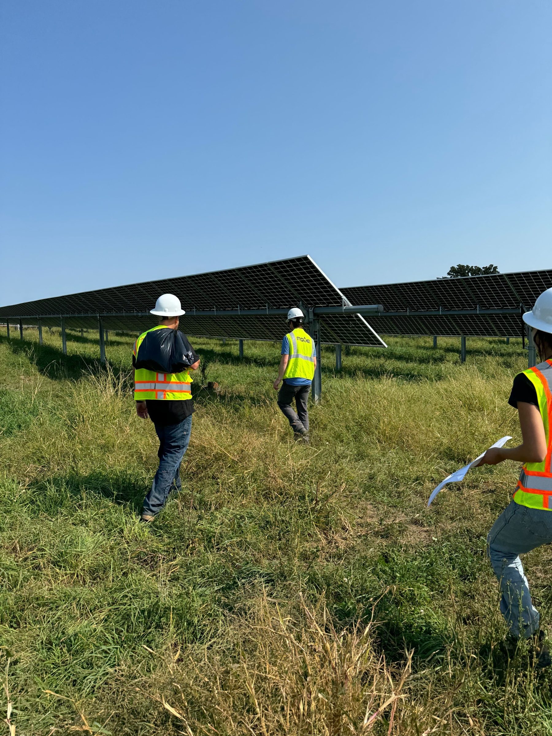 People in field with solar panels.